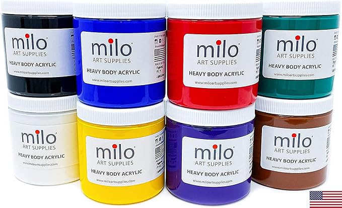 milo Acrylic Paint Set of 8 Colors | 8 ounce Jars | Heavy Body Acrylic Painting Set | Made in the USA | Non-Toxic, Holds Texture and Brush Strokes