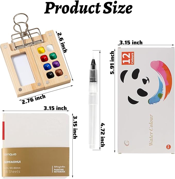 Mini Watercolor Paint Set Pocket Artist Watercolor Travel Set with Mini Paint Palette,Brushes, 12 Colors, Watercolor Sketchbook for Artists Painters Students(Bamboo)