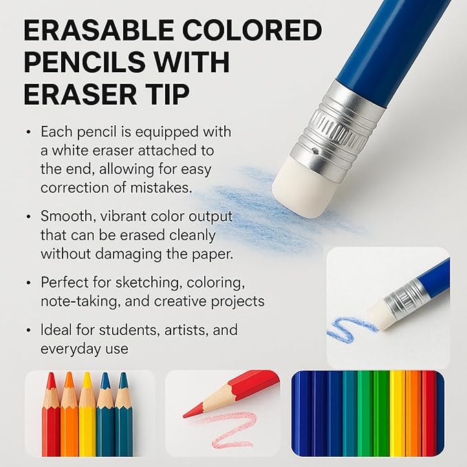 Pre-sharpened Colored Pencils with Erasers, Erasable Color Pencils, Drawing Pencil, Art Pencil for School Supplies, Drawing Supplies (36 Colors)