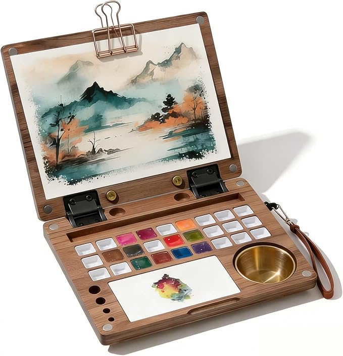 27 Grid Crossbody Portable Watercolor Palette Box, Black Walnut Wooden Travel Mini Paint Box with Adjustable Shoulder Strap, Watercolor Easel, Metal Clips for Painters and Artists