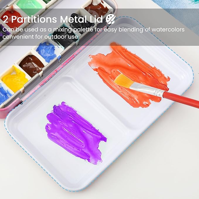 Pink Watercolor Tin Palette with 14 Empty Half Pans - Sturdy Travel Palette for Gouache, Watercolor, Acrylic Painting