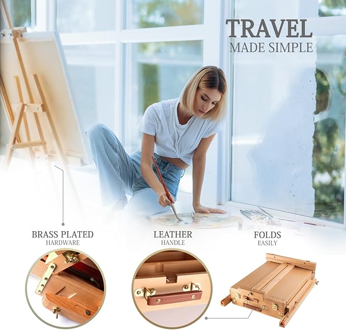 French Easel Acrylic Painting Set, Deluxe Artist Supplies Kit w/Coronado Style Wooden Field & Studio Sketch Box Easel, Stretched & Panel Canvases, Professional Paint, Premium Brushes, Knives, Palettes
