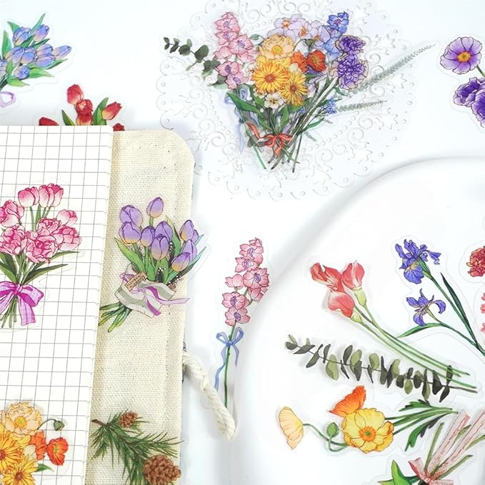 Natural Flower Stickers Set, Colorful Floral Plant PET Decals, Daisy Tulips Lily Rose Pine Branch Leaves Aesthetic Waterproof Stickers for Scrapbook Laptop Bottles DIY Crafts Journals