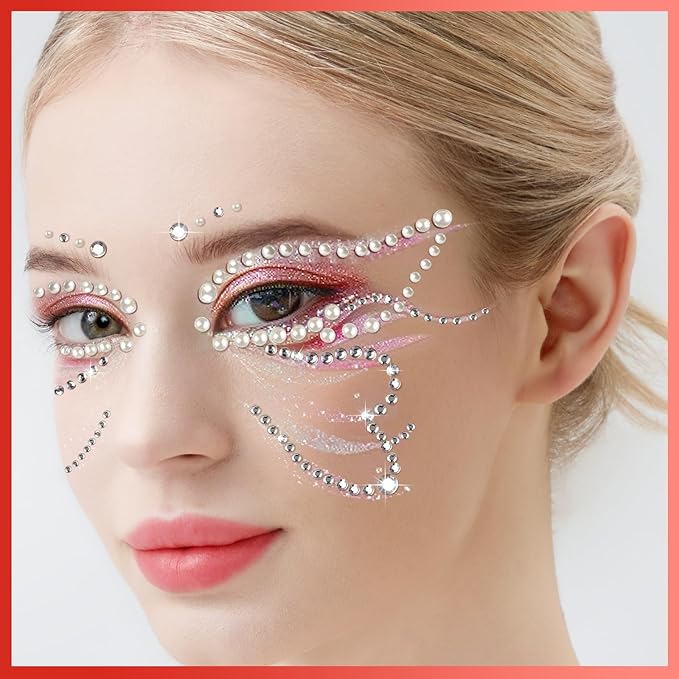 Teenitor 4 Sheets Face Gems Stick on, Face Jewels Red and Balck Face Rhinestones Gems, Festival Jewels Self-Adhesive Face Gems for Women, Rave Accessories for Face Eyes Body Halloween Makeup