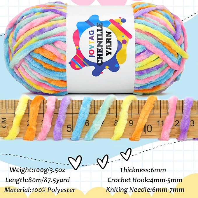 Velvet Chenille Yarn for Crocheting Rainbow Velvet Fluffy Plush Thick Bulky Chunky Chenille Velvet Soft Baby Blanket Yarn for Crocheting Hand Knitting 100g-Pastel Rainbow