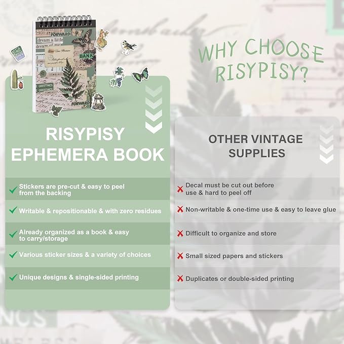 RISYPISY Pre-Cut Vintage Washi Journaling Sticker Book for Scrapbooking, 476PCS Green Scrapbooking Supplies, Ephemera for Junk Journal Supplies Crafts Arts, Dark Academia Stickers for journaling