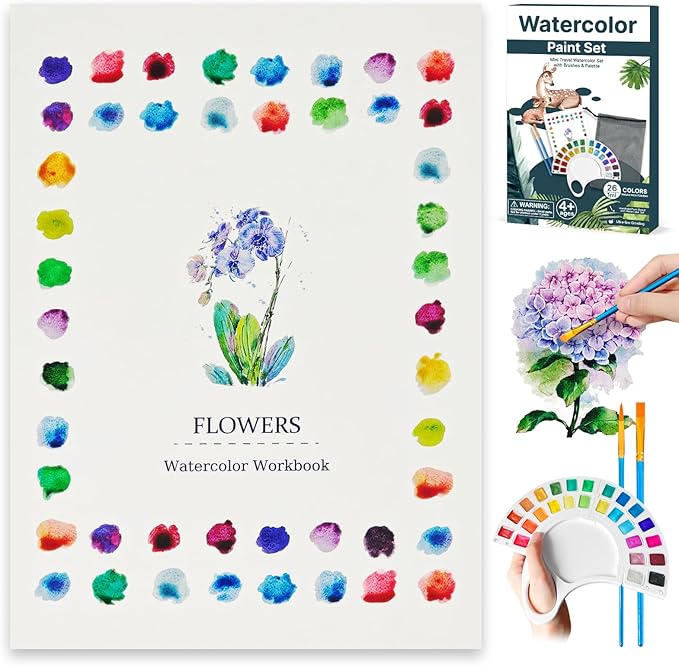 Watercolor Workbook, Water Coloring Book with 13 Pages 300GSM Paper, 26 Colors Watercolor Paint Set with Brush & Storage Bag, Beginner-Friendly Coloring Book for Adults - Flowers Theme Art Kit