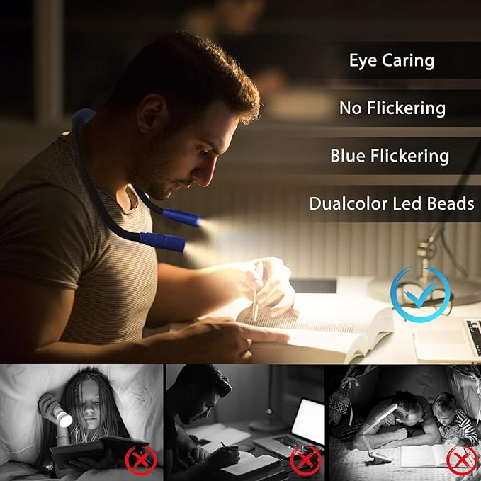 LUXJET Ideal Gift for Book Lovers, Neck Reading Light for Hands-Free Reading, 3 Color Modes, 80H Battery, Rechargeable Book Light for Women, Men, Teens, Kids - White Elephant Stocking Stuffer