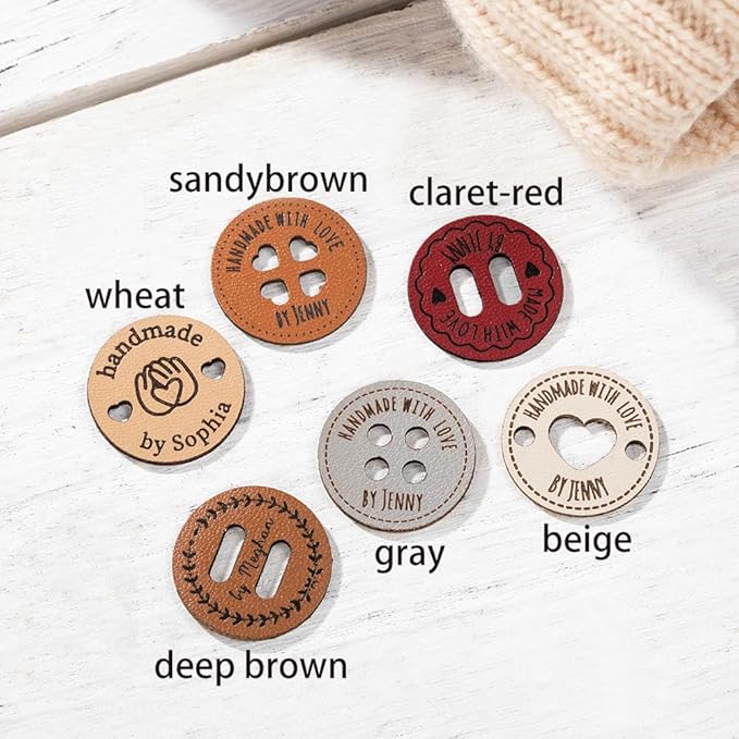 callie Personalized Name Buttons & Tags for Crafts – Custom Text, Leather Handmade with Love Tags for Crochet Items, Gifts for Crafting Knitting Crocheting Sewing Lovers