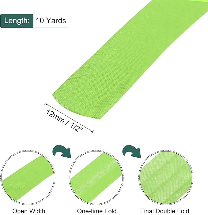 MECCANIXITY 1/2 Inch Double Fold Bias Tape Polyester Continuous Bulk Bias Tape for Sewing,Seaming Quilting Hemming Binding Crafts (Fruit Green 10 Yards)