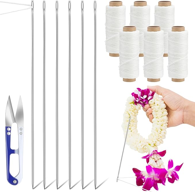 Leriton 13 Pcs Lei Needle Kit Include 6 Pcs Stainless Steel Long Needle 6 Twine 1 Sewing Scissors for DIY Marigold Garland Hawaiian Flowers Bead Stitch Craft(14'',Novel Style)