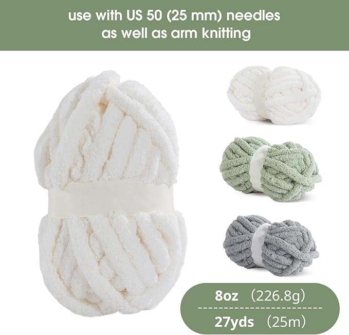 HOMBYS 12 Pack Chunky Yarn for Crocheting,Super Bulky Large Soft Fluffy Yarn,Plush Fuzzy Yarn,Thick Chenille Yarn for Hand Knitting/Arm Knitting,4 Cream,4 Light Grey,4 Sage Green(Each 27yds,8 oz)