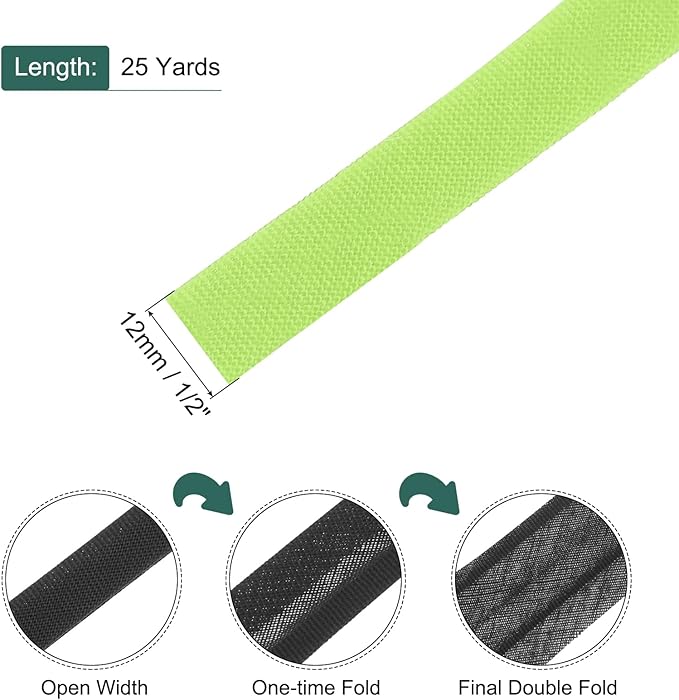 MECCANIXITY 1/2 Inch Double Fold Bias Tape Polyester Continuous Bulk Bias Tape for Sewing,Seaming Quilting Hemming Binding Crafts (Fluorescent Green 25 Yards)