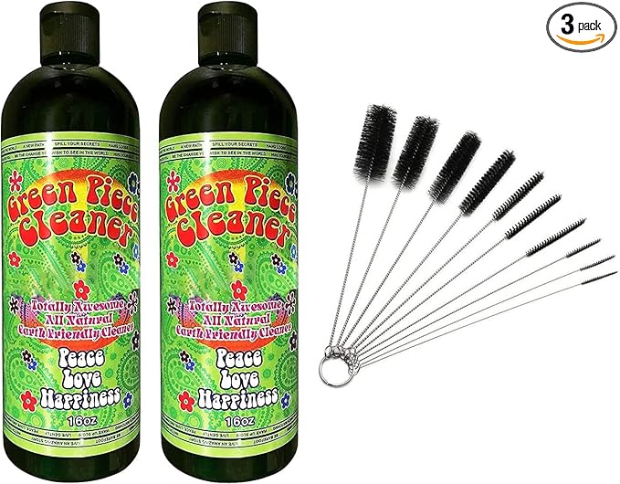 Green Piece® 2 bottles of the 16 oz Cleaner (Made in USA) with 5 piece glass tube cleaner and 10 piece glass tube cleaner (2 Glass Cleaners with 10 Nylon Tube Cleaners)