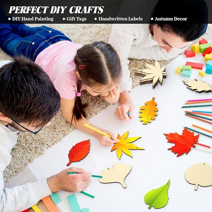 Subacy 80 PCS Unfinished Wood Cutouts 8 Styles DIY Wooden Crafts, Autumn Maple Ornaments Painting Kit for Kids, Birthday Thanksgiving Creativity Arts & Crafts (Maple Leaves)