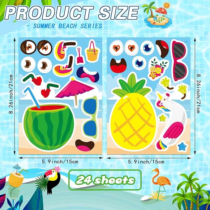 24 Sheets Summer Make a Face Sticker Hawaii Tropical Pool Beach Stickers for Kids, Make Your Own Watermelon Pineapple Flamingo Stickers, Summer Holiday Party Favors