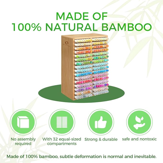 Ohuhu Bamboo Marker Organizer, Desktop Storage Hold 224 Markers for Honolulu Oahu Series of Ohuhu Markers, Pens Pencils Stationary Organizer Holder with 32 Compartments for Classroom Office Decor