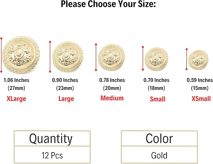 Gold Metal Shank Buttons - 12 Pcs - 5 Size Options - Luxury Horse Kingdom Round Metal Shank Buttons for Men Women Blazer Coat Uniform Shirt Suit and Jacket Sewing Craft DIY N1204
