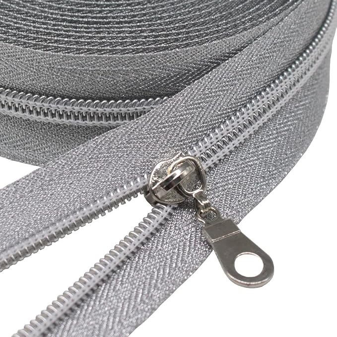 MebuZip #5 Silver Metallic Nylon Coil Zippers by The Yard Bulk Coil Zipper Roll 10 Yards with 25pcs Pulls for DIY Sewing Craft Bags (SilverTape)