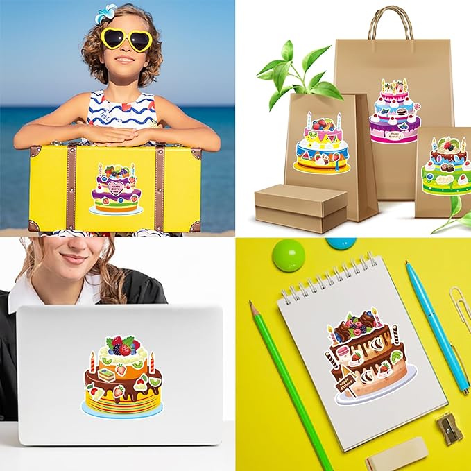 DUJAA 24 Sheets Birthday Stickers, Make-a-Cake Sticker for Kids, Birthday Cake Sticker Set, Color, Cartoon Style, Paper Material, Indoor Use, Kids' Party Gift, Scrapbook Decor, 24 Count