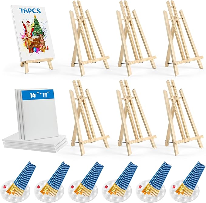 78 Pcs Painting Supplies-6*(16" Easels+11"x14"Stretched Canvases)+60 Brushes+6 Palettes,Paint Set for Paint Parties,Sip and Paint,Couples Painting Kits for Adults, Kids,Students,Artists,Beginner
