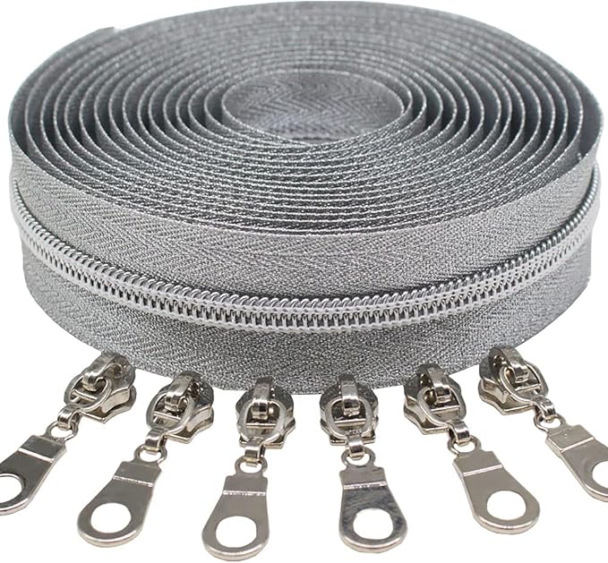 MebuZip #5 Silver Metallic Nylon Coil Zippers by The Yard Bulk Coil Zipper Roll 10 Yards with 25pcs Pulls for DIY Sewing Craft Bags (SilverTape)