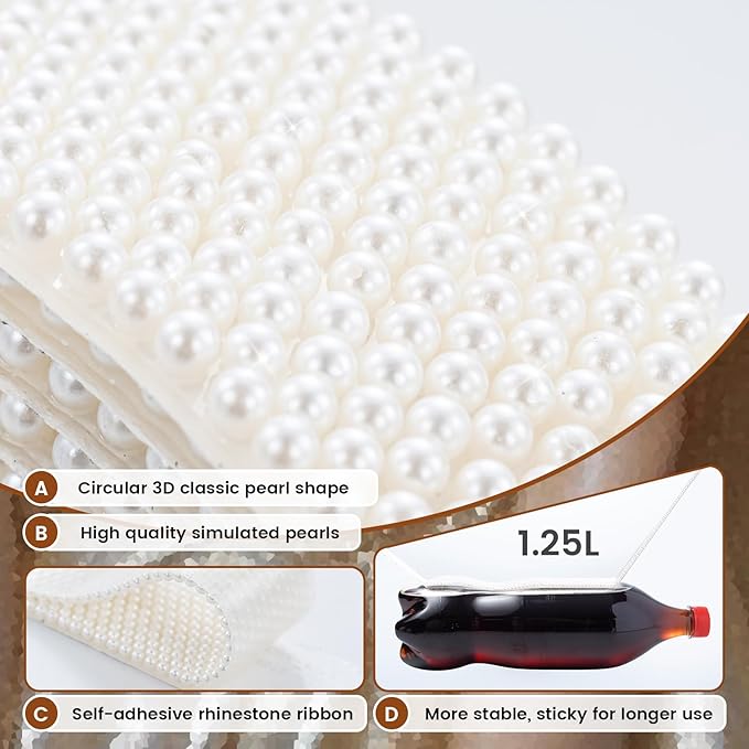 Novani Self Adhesive Pears Ribbon 1 Roll - 3 Yards Beige Pearls Crystal Diamond Bling Strips Glitter Resin Ribbon for Crafting Home DIY Decoration（Beige,0.78 Inch,3Y）