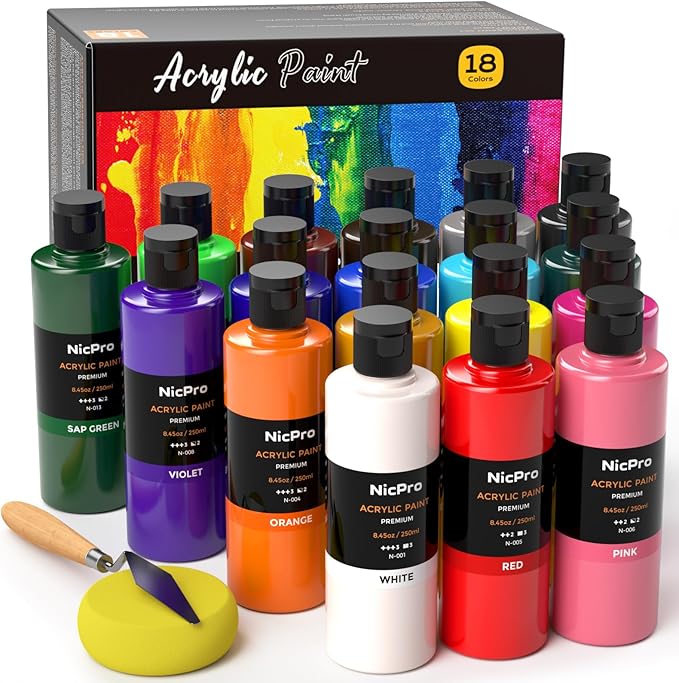 Nicpro 18 Colors Large Acrylic Paint Set, 8.45oz/250 ml Artist Painting Supplies Bulk Non-Toxic For Multi Surface Canvas Wood Fabric Leather Cardboard Paper Crafts Rock Window Hobby with Color Wheel