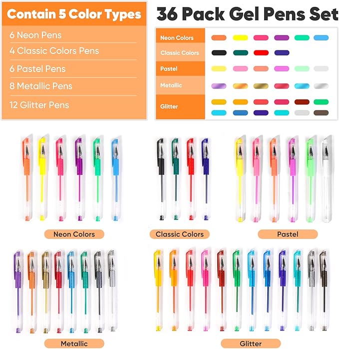 Taotree Glitter Gel Pens, 36 Color Neon Glitter Pens Fine Tip Art Markers Set 40% More Ink Colored Gel Marker for Coloring Book, Drawing, Coloring, Scrapbook, Journaling, Sparkle Easter Gifts