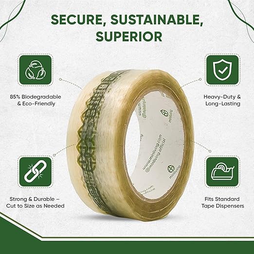 Biodegradable Packing Tape | Plant-Based Cellulose Packaging Tape | Heavy Duty All-Purpose Adhesive for Shipping, Moving, Office, Crafts | Easy-Tear, Low-Noise, Clear - 3pk 1.93 in x 70 yds