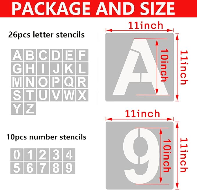 YEAJON 11 Inch Letter Stencils and Numbers, 36 Pcs Alphabet Art Craft Stencils, Reusable Plastic Templates for Wood, Wall, Fabric, Rock, Signage, DIY Art Projects (11 Inch)