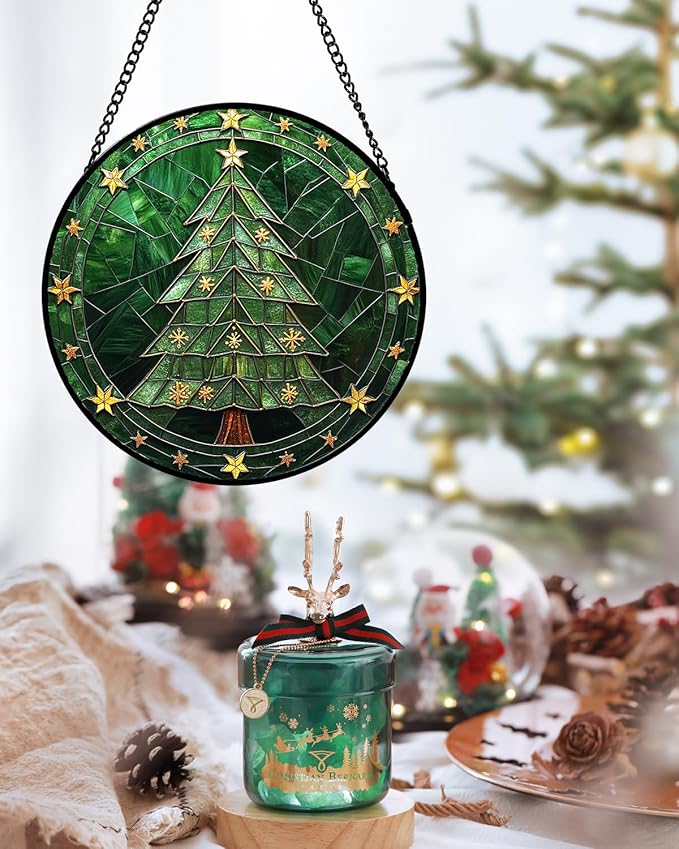 Stained Glass Window Hanging - Green Christmas Tree with Golden Stars Suncatcher for Doors Home Christmas Decoration Sun Catcher Thanksgiving New Year Birthday Gifts for Women Men Mom Nana 7.8 in
