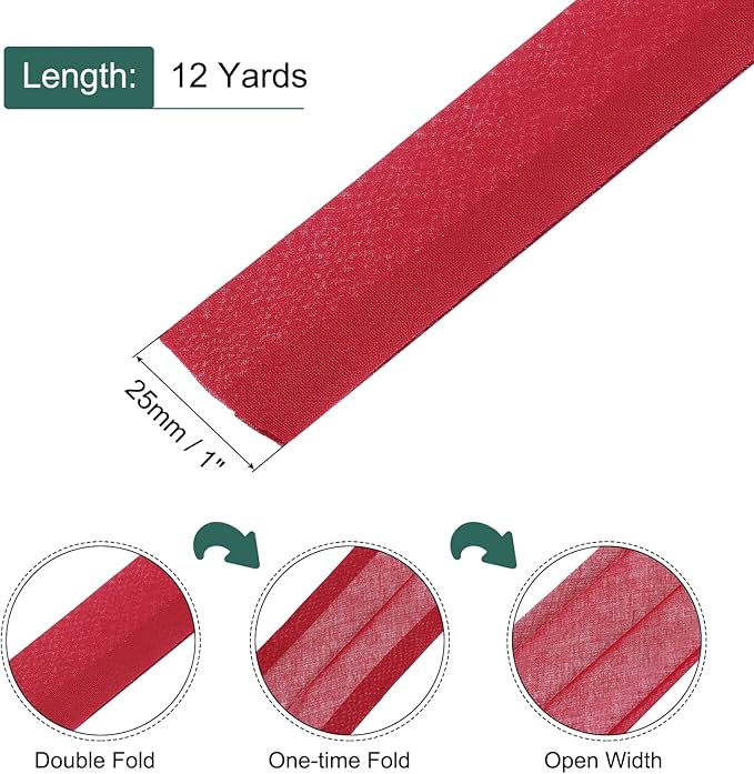 MECCANIXITY 1 Inch Double Fold Bias Tape Continuous Bulk Cotton Bias Tape for Sewing Seaming Quilting Hemming Binding Crafts (Dark Red 12 Yards)