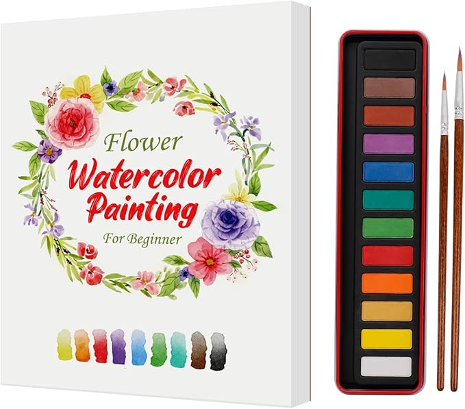 Watercolor Workbook for Beginners, Watercolor Paint Set, Arts & Crafts Water Color Book Notebook Practice Coloring Book for Adults and Teens with 12 Colors Painting Set & Brush (Flowers)