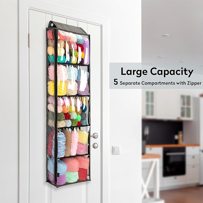 PACMAXI Hanging Yarn Storage Knitting Organizer Storage with 5 Compartments, Clear Wall Display Bulk Yarn Organizer for Knitting Needles, Crochet Hooks(Large Size) (dark grey)