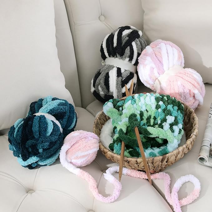 HOMBYS Blue Multi Chunky Chenille Yarn for Hand Knitting,Fluffy Soft Jumbo Yarn Crocheting,Super Bulky Big Yarn for Chunky Blanket,Large Thick Arm Knitting Yarn,8 Pack Plush Yarn