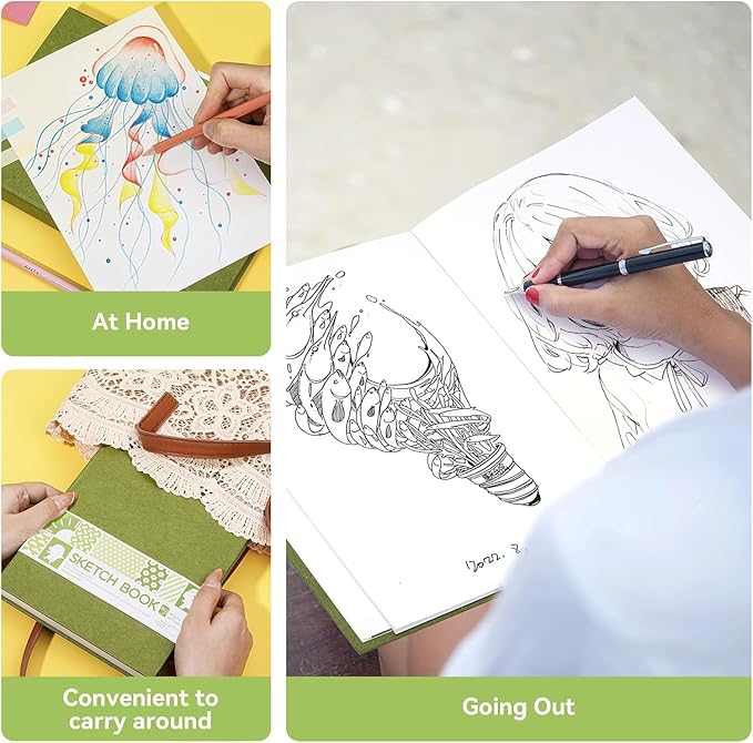 Arrtx Premium Hardcover Sketch Book, 60 Sheets/120 Pages, 180 GSM Thick Acid-Free Drawing Paper, Hardbound Sketch Pad with Inner Pocket, Green 8.5"x6.1" Sketchbook