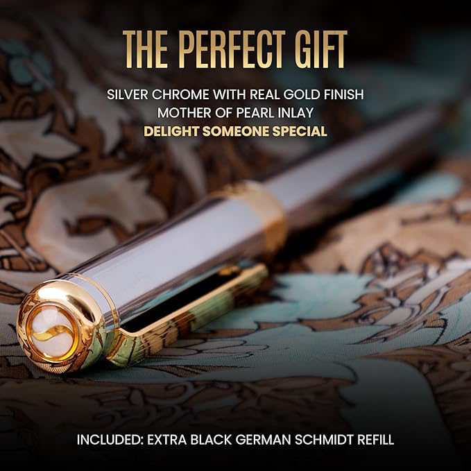 Scriveiner Personalized Silver Chrome Rollerball Pen - Stunning Luxury Pen, Real Gold Plating, Schmidt Ink Refill, Best Engraved Roller Ball Gift Set for Men & Women, Custom Name Engraving