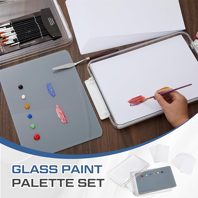 Nuanchu 1 Pcs 9 x 12 Inch Neutral Grey Tempered Glass Palette for Oil Painting with Lid and 40 Sheets Disposable Paper and 2 Sponges Keeps Wet Paint Fresh for Artist DIY Color Mixing Beginners