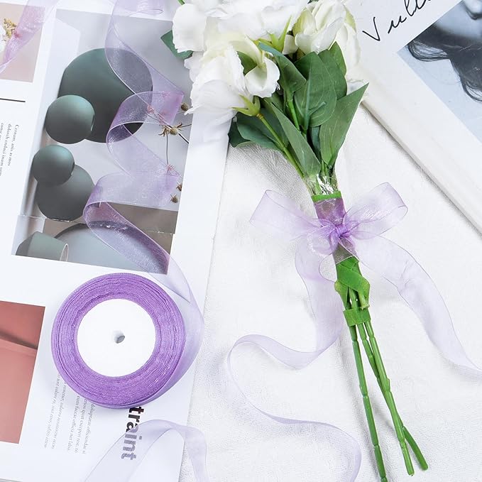 Lavender Ribbon for Gift Wrapping 3/8 inch Sheer Organza Ribbon for Flower Bouquet Tulle Chiffon Ribbons for Wedding Invitations Christmas Halloween Decorations Crafts 50 Yards