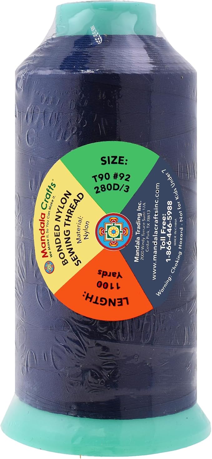Mandala Crafts Size 92 280D T90 Bonded Nylon Thread - Dark Blue 1100 YDs Tex 90 Heavy Duty Sewing Threads for Leather, Jeans, Weaving, Outdoor Marine Upholstery