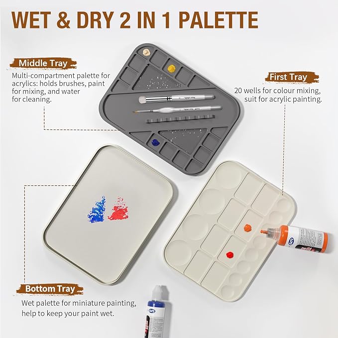 Wet Pallet for Painting Miniatures - Golden Maple 2 in 1 Dry and Wet Palette with Lid, Including 11 Miniature Paint Brushes,100PCS Palette Paper, 4PCS Sponges, Paint Brushes Holders
