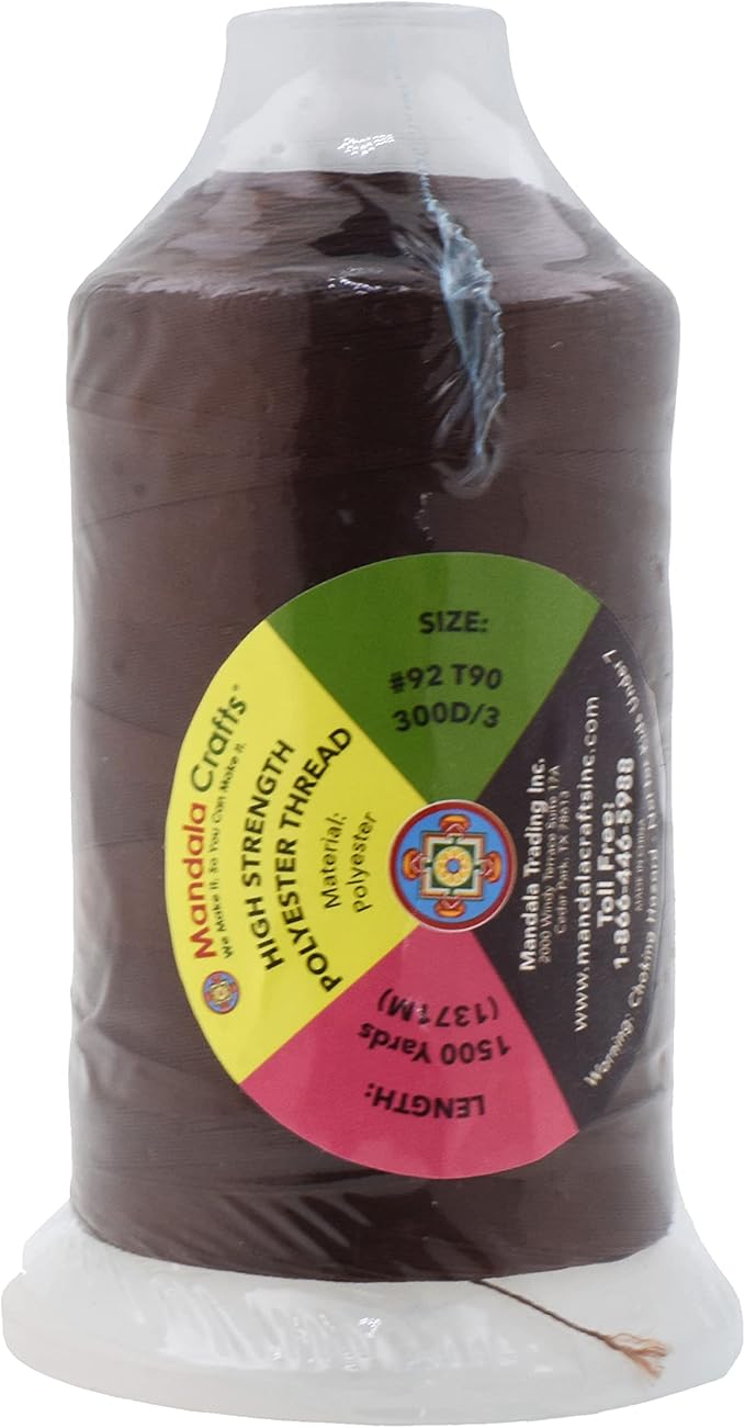 Mandala Crafts Brown Heavy Duty Thread - 1500 Yds Tex 90 Bonded Polyester Threads for Sewing Drapery, Jeans, Leather, Hair, Outdoor Marine Upholstery