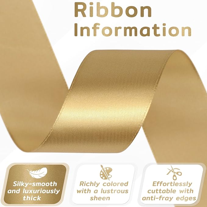 60 Yards Champagne Gold Satin Ribbon 1-1/2 Inch, Solid Gold Polyester Fabric Ribbon for Gift Wrapping, Crafts, Flower Bouquet, Wedding, Baby Shower, Festival, Christmas