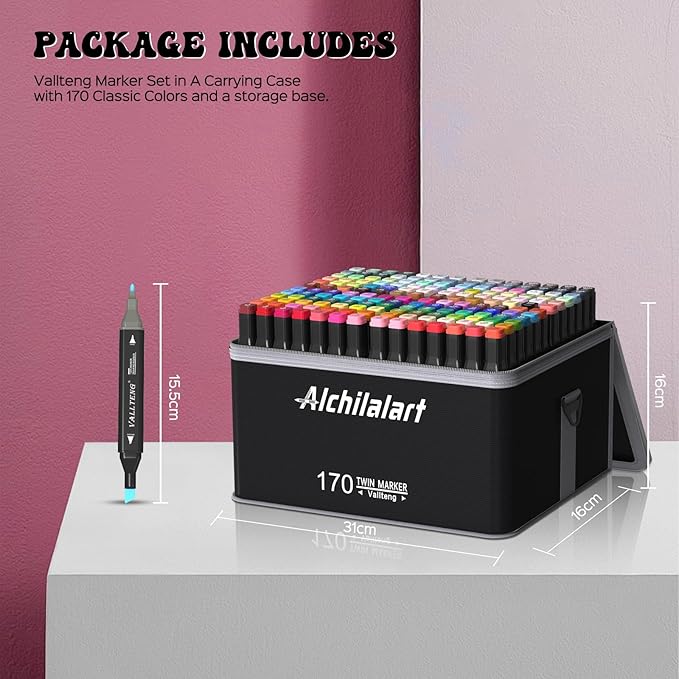 Alchilalart 170 Colors Dual Tip Sketching Drawing Markers, Set for Adults & Kids