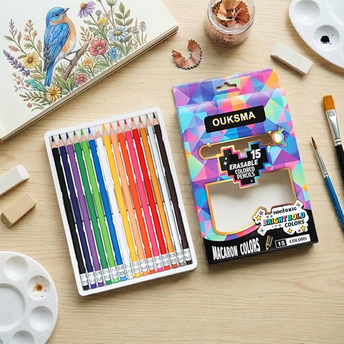 Pre-sharpened Colored Pencils with Erasers, Erasable Color Pencils, Drawing Pencil, Art Pencil for School Supplies, Drawing Supplies (15 Colors)