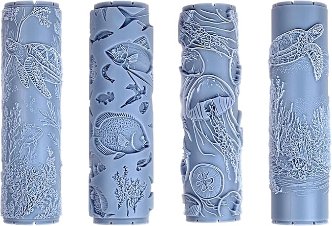 Coastal Creatures Collection 4-Pack Clay Texture Rollers (4") - Seamless Ocean Set #01 - Embossing Pattern Rollers for Polymer & Ceramic Clay, Pottery & Crafts