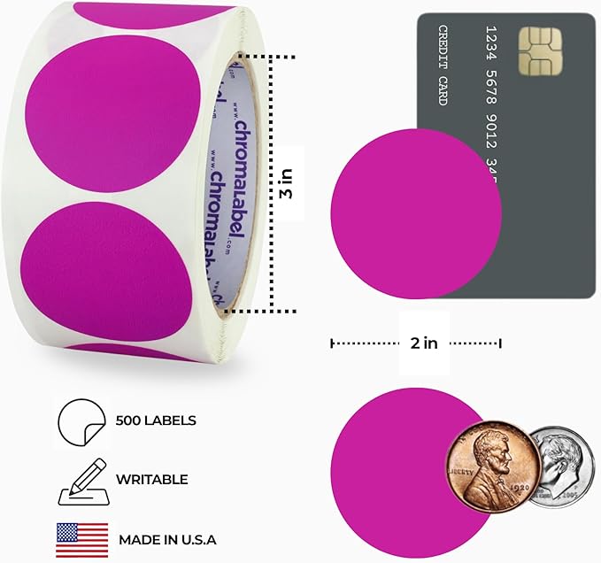 ChromaLabel 2 Inch Round Label Permanent Color Code Dot Stickers, 500 Labels per Roll, Fluorescent Purple