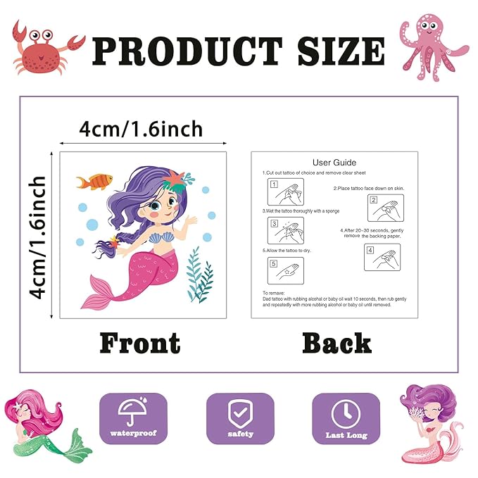 104 PCS Mermaid Temporary Tattoos for Kids Girls Birthday Decorations, Mermaid Fake Temp Tattoos Party Favors for Under The Sea Party Decorations Supplies