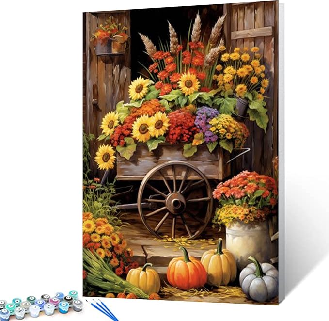 Tucocoo Colorful Flowers Float Paint by Number Rural Fall Harvest Scenery DIY Painting on Canvas with Brushes Acrylic Paints Paint by Numbers for Adults and Kids Beginner 16x20 Inch（DIY Frame）